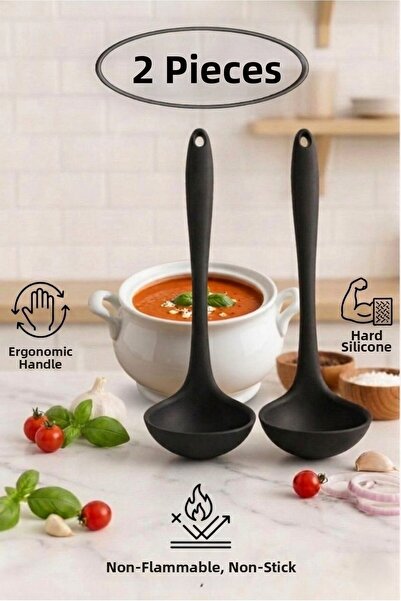TARIK HOME 28 سم. مجموعة مغرفة شوربة من السيليكون مكونة من قطعتين - مقاومة لل...