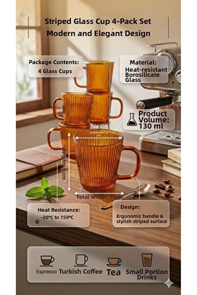 The Mia Striped Borosilicate Glass Mug 9 X 6 X 7 cm 130 ml Set of 4