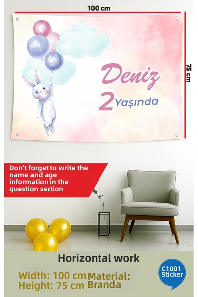 1001 sticker Rabbit Themed Birthday Canvas Banner 100Cmx75Cm