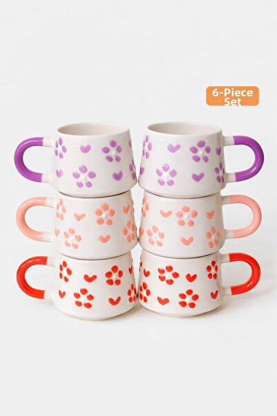 touchmughm Set of 6 Colorful Embossed Ceramic Coffee Cups with Handles – Hand...