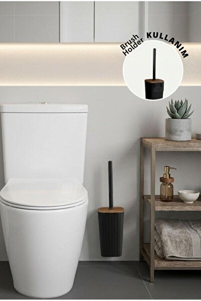 Okyanus Home Sapphire Wood Detailed Self-Adhesive Wc Brush Holder - Black
