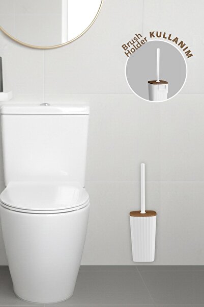 Okyanus Home Sapphire Wood Detailed Self-Adhesive Wc Brush Holder - White