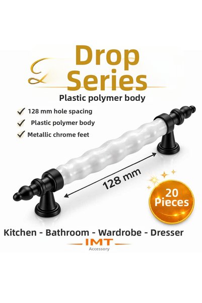 İMT AKSESUAR Damla Luxury Polymer Furniture Handle 128 mm White-Black 20 Piec...