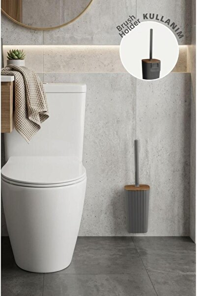 Okyanus Home Sapphire Wood Detailed Self-Adhesive Wc Brush Holder - Anthracite
