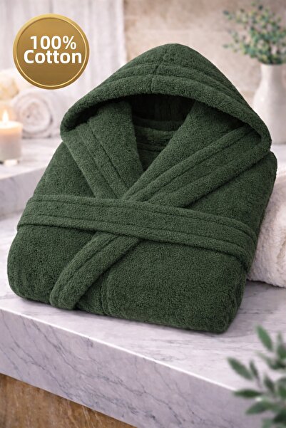 İQON رداء حمام للجنسين 100% قطن بلون عسكري سادة