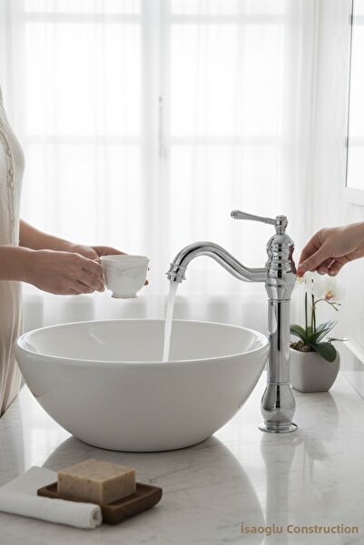 İSAOĞLU YAPI Chrome Retro Bowl Sink Faucet Vintage Silver Bowl Sink Compatibl...