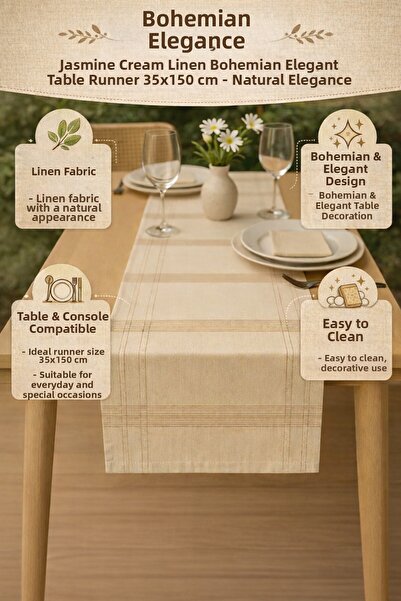 TECHTACT Jasmin Linen Cream Bohemian Stylish Tablecloth Runner 35X150 cm