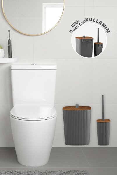 Okyanus Home Set de perie de toaletă și coș de gunoi din lemn cu adeziv safir...