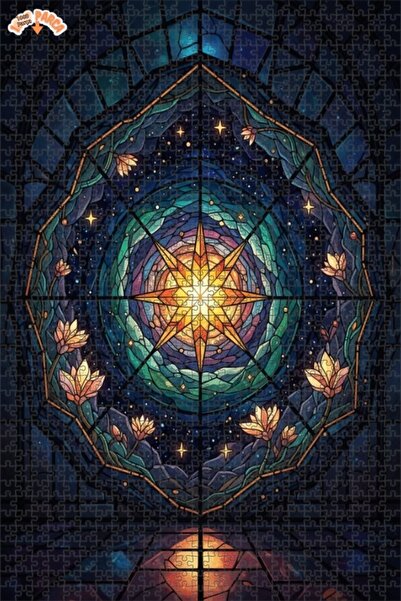 Esranın Dünyası Star Flowers Stained Glass Art Double-Layer Framed Wooden Puz...