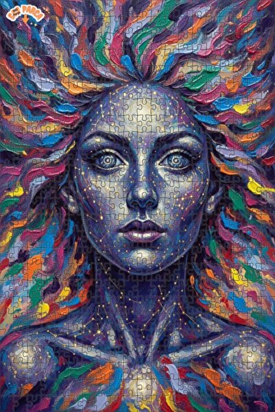 Esranın Dünyası Cosmic Face Patterned Oil Painting Lookalike Double-Layer Fra...