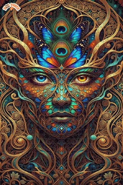 Esranın Dünyası Psychic Face Patterned Oil Painting Look Gold Framed Wooden P...