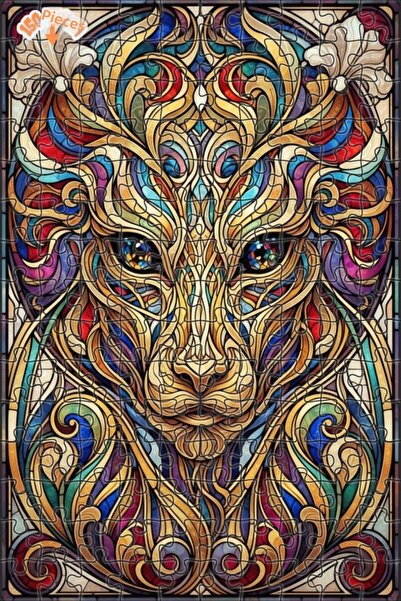 Esranın Dünyası Lion Stained Glass Art Look Wooden Puzzle with Double-Layer F...