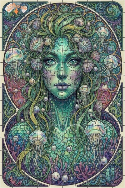 Esranın Dünyası Mermaid Artwork Watercolor Look Double Layer Framed Wooden Pu...