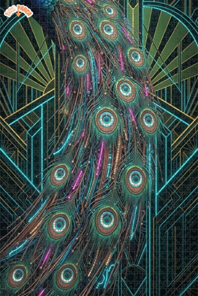 Esranın Dünyası Showy Peacock Feathers Art Deco Art Double-Layer Framed Woode...