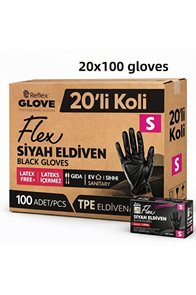 Reflex Flex Eldiven 20 Boxes of Disposable Tpe Powder-Free Black S Size Glove...