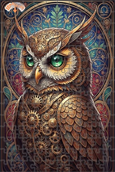 Esranın Dünyası Mechanical Owl Oil Painting Look Double Layer Framed Wooden P...