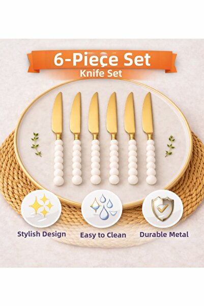 ARVALE 6 Pieces of Gold Pearl Detailed Dinner Knives