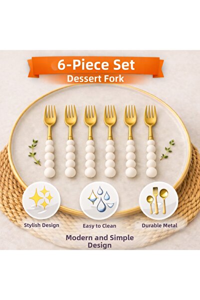 ARVALE 6 Pieces of Gold Pearl Detailed Dessert Forks