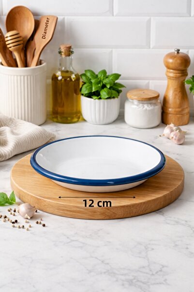 Luyano Petrol Green Enameled Snack Plate with Edge Banding on Steel, 12 cm Di...