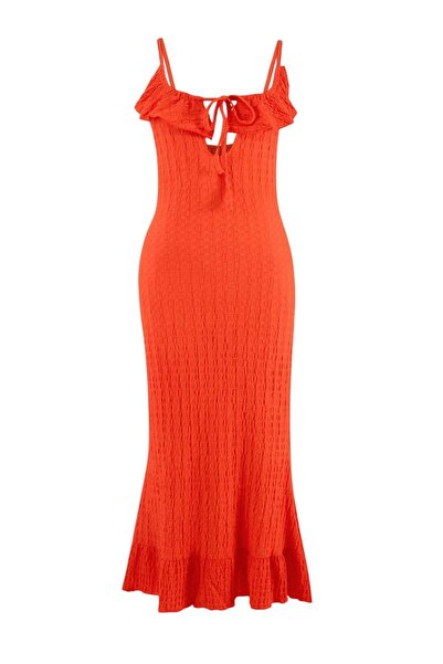 Trendyol Collection Rochie de plajă maxi tricotată cu volane, cu imprimeu cu ...