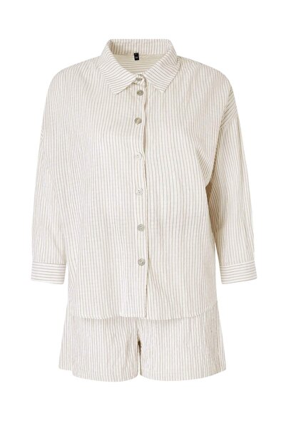 ترينديول كوليكشن قميص قصير قطني مخطط متعدد الألوان مع حزام - طقم علوي وسفلي T...