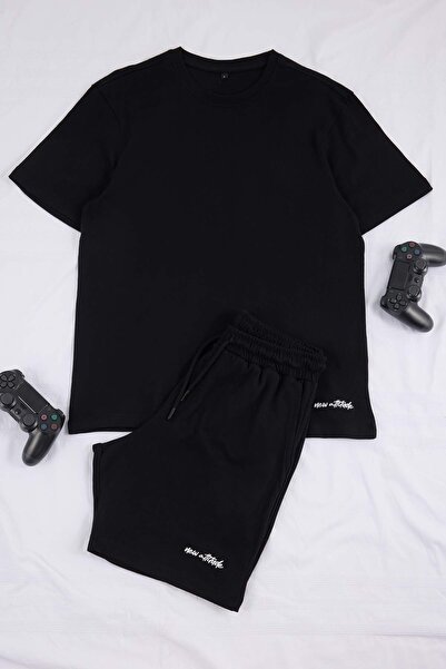 Trendyol Collection Μαύρο Σετ Φόρμας Regular Lettering Με κέντημα 100% Βαμβάκ...