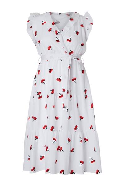 Trendyol Curve Multi Color Cherry Patterned Shally Woven Large Size Dress Tbb...