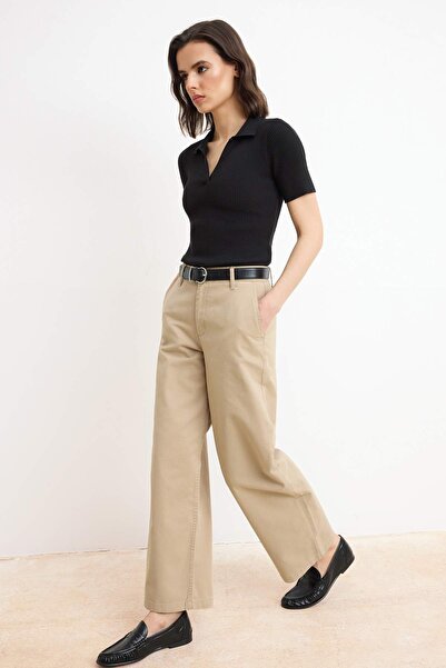 Trendyol Collection Blugi tip barrel bej cu talie normală TWOAW26JE00198