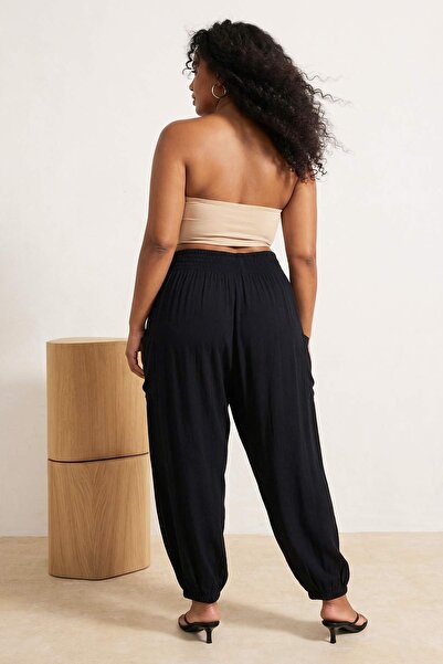 Trendyol Curve Black Elasticized Cuffs Shalwar Form Summer Thin D Woven Trous...