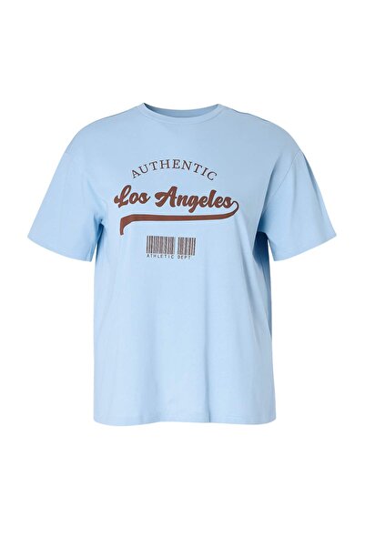 Trendyol Curve Mold albastru lat guler rotund cu imprimeu bumbac 100% din mat...