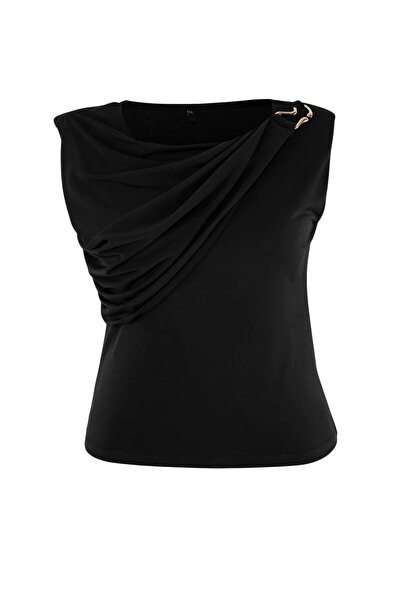 Trendyol Curve Black Accessory and Collar Detailed Knitted Oversize Blouse Tb...