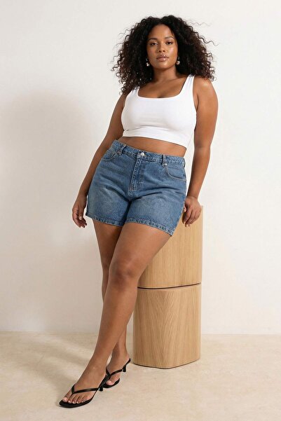 Trendyol Curve Μπλε ελαστικό ψηλόμεσο μίνι 100% Βαμβάκι Non-Stretch Plus Size...