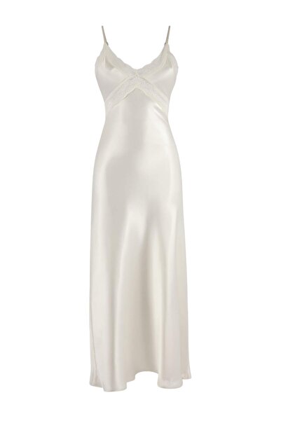 Trendyol Collection Cămașă de noapte albă din satin cu dantelă șnururi și det...