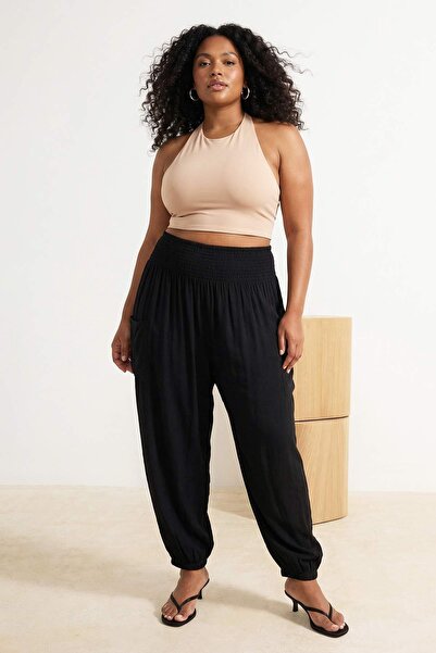 Trendyol Curve Μαύρο παντελόνι με ελαστικά τελειώματα, φόρμα Shalwar, καλοκαι...