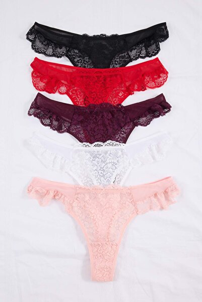 Trendyol Curve Pachet de 5 multicolore tul dantelă Tanga detaliată din materi...