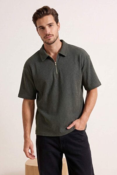 Trendyol Collection Khaki Big Size Oversized /Wide Cut Textured Polo Neck T-S...