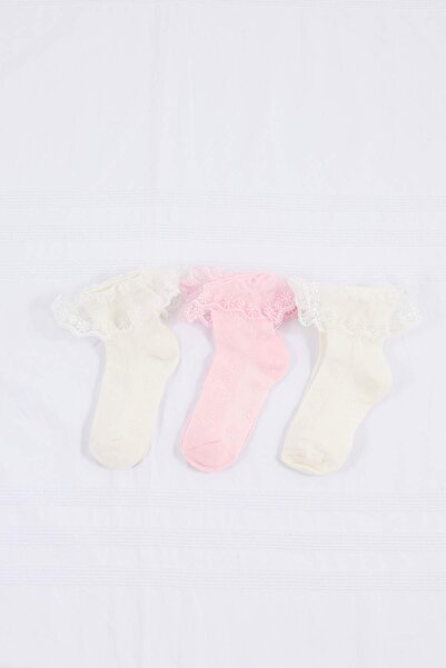 TRENDYOLKIDS Pink-Ecru-Stone Ribbon Detailed 3-Piece Girls' Socks Tkdss26Co00004
