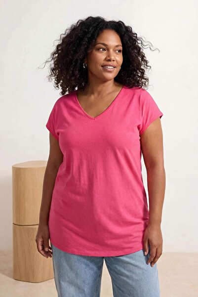 Trendyol Curve Pink V-Neck Long Length Plus Size T-Shirt Tbbss25Bf00073