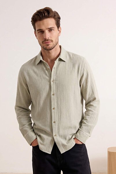 Trendyol Collection Cămașă pentru bărbați, de vară, cu textură de muselină, c...
