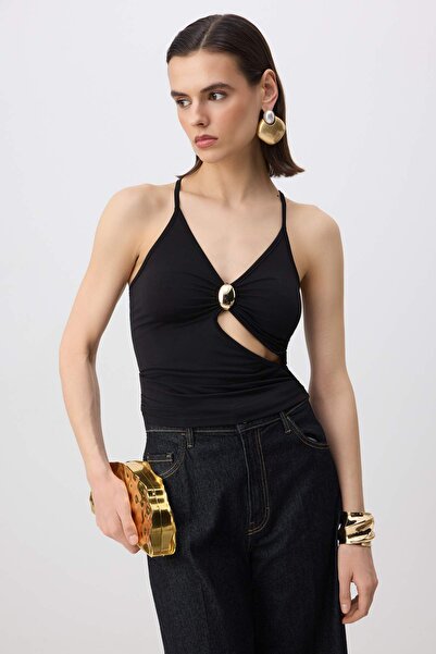 Trendyol Kollektion Schwarze, tief ausgeschnittene Partybluse mit Accessoire-...