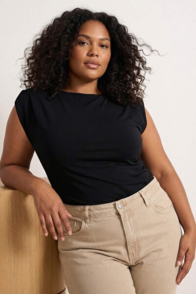 Trendyol Curve Black Draped Shoulder Pad Pack Fitted/Flexible Knitted Blouse ...