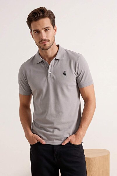 Kolekce Trendyol Šedé tričko s polo límečkem a výšivkou koně, běžný/útulný st...