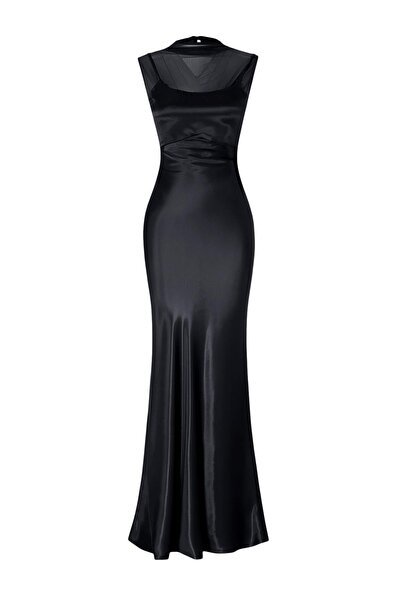 Trendyol Collection Black Plain Satin Maxi Evening & Graduation Dress Tprss26...