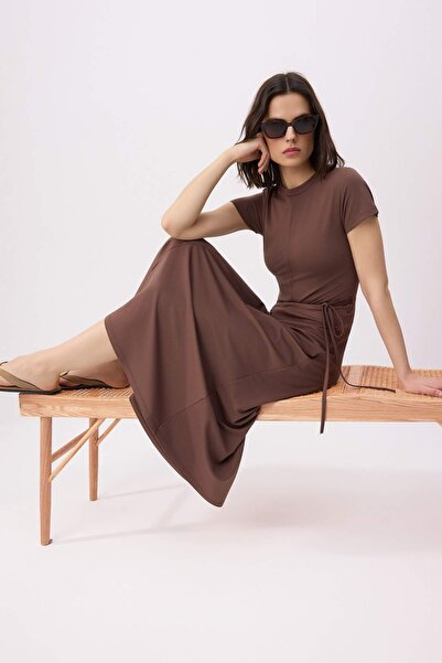 Trendyol Collection Brown Shift/Straight Short Sleeve Midi Soft Touch Knitted...