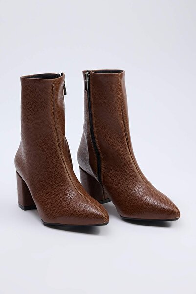 TRENDYOL SHOES Light Brown Pointed Toe Women's Block Heeled Ankle Boots
