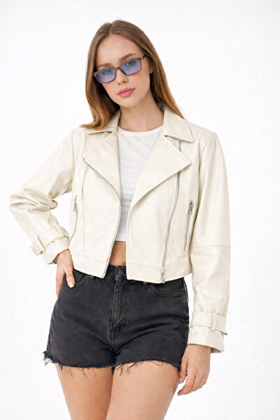 İLKCET MODA Jachetă de piele pentru femei oversize ecru cu mâneci balon