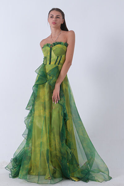 Feminist Rochie de seara fara bretele cu decolteu cu fusta cu volane fistic -...