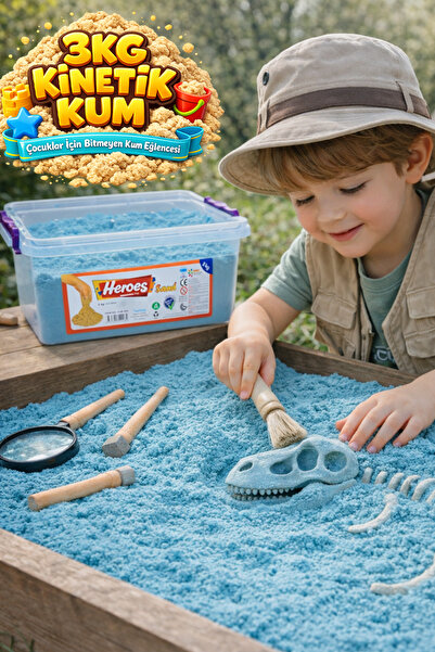 HEROES 3 Kg Mavi Kinetik Kum (İdeal Boy) - Akışkan ve Leke Yapmayan Deniz Ren...