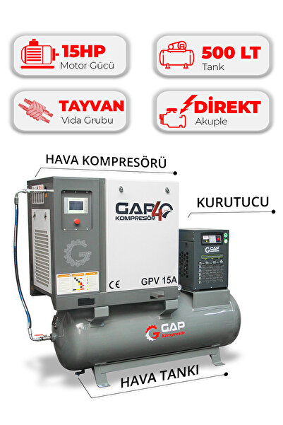 GAP KOMPRESÖR Hava Kompresörü Depo Üstü Vidalı 15Hp 500LT GPV15A