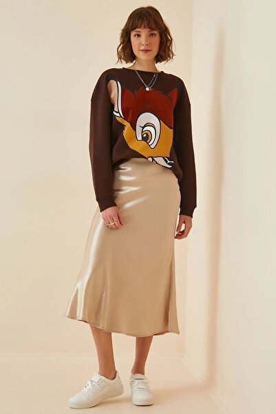 hira fashion Μπεζ Σατέν Φούστα με φερμουάρ στο πλάι